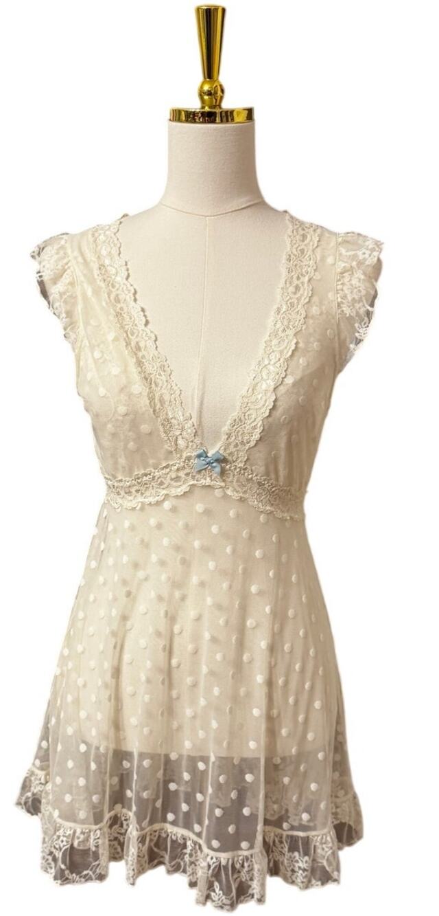 Betsey Johnson Intimates ivory lace polka dot babydoll nightgown/dress, size S